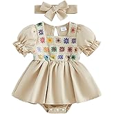 Kavousa Baby Girl Summer Outfits Newborn Flower Embroidered Eyelet Ruffled Hem Short Sleeve Romper and Bow Headband Set