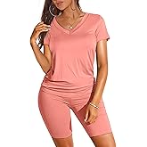 WIHOLL Two Piece Outfits for Women Short Sleeve V Neck Biker Shorts Set 2026