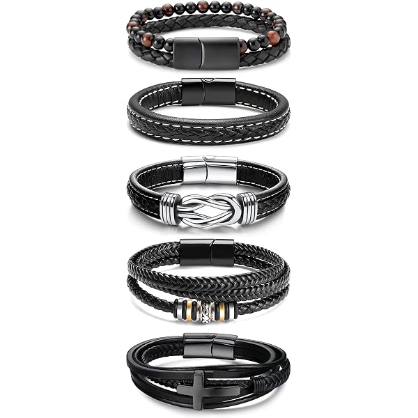 FOCALOOK Men's Magnetic Clasp Leather Bracelet - Black Braided Microfiber Cord, Stainless Steel, 7.48" Or 8.27" Length - View #2