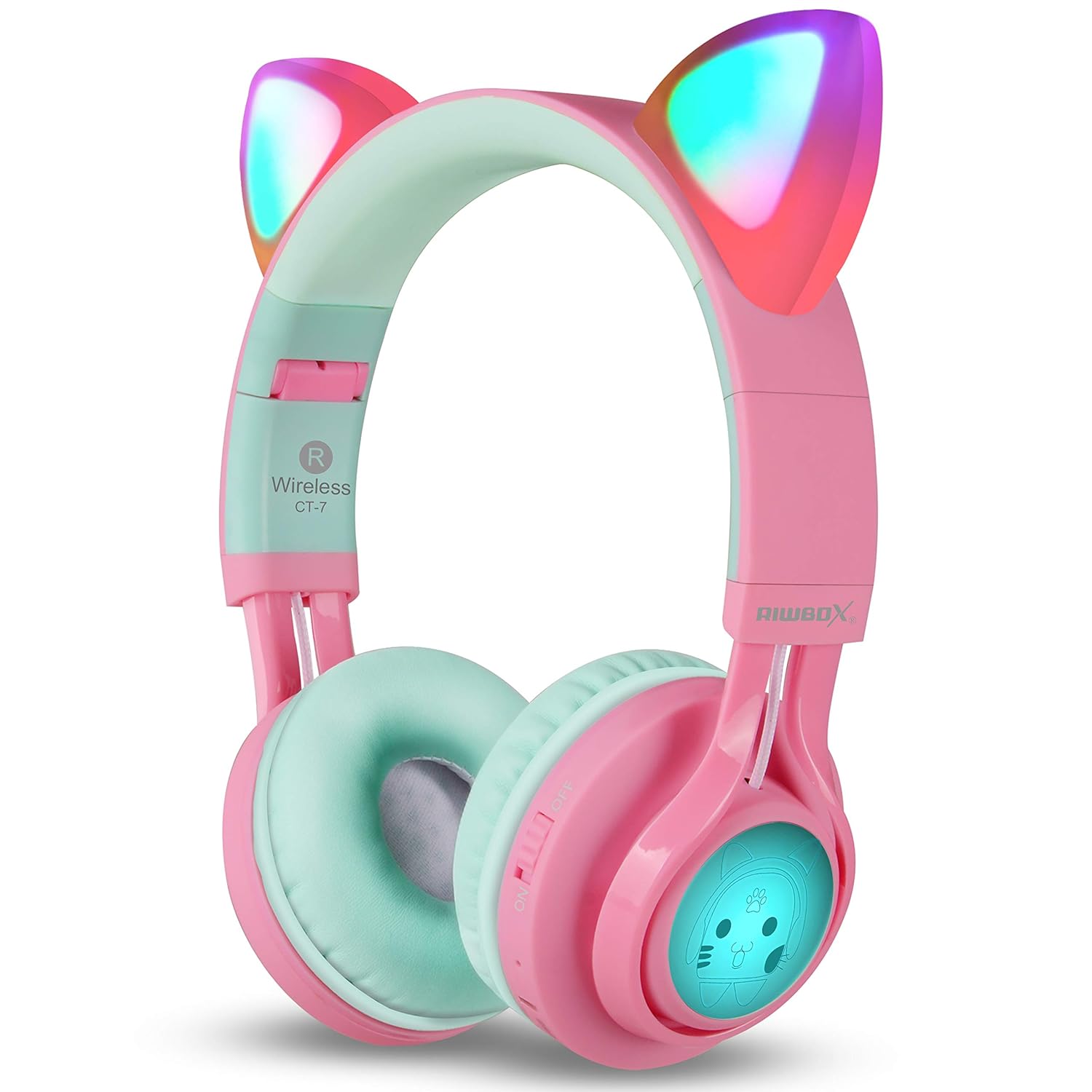 Riwbox Bluetooth Headphones, Riwbox CT-7 Cat Ear LED Light Up Wireless Foldable Headphones Over Ear with Microphone and Volume Control for iPhone/iPad/Smartphones/Laptop/PC/TV (Pink&amp;Green)