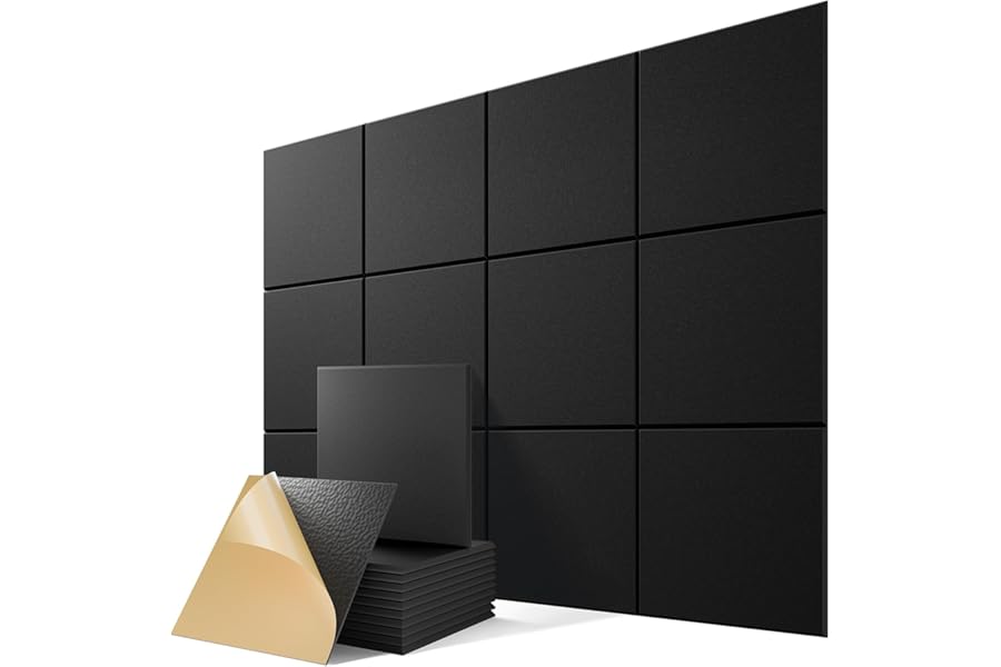 12 Pack Self-Adhesive Acoustic Panels, 12" X 12" X 0.4" High-Density Polyester Sound Proof Foam Panels for Walls, Soundproof Wall Panels for Home & Office (Black)