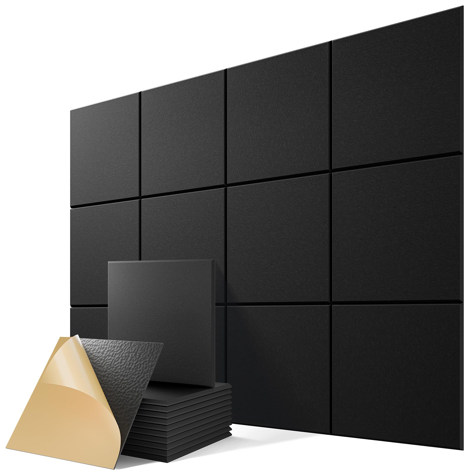 Photo 1 of 12 Pack Self-Adhesive Acoustic Panels, 12" X 12" X 0.4" High-Density Polyester Sound Proof Foam Panels for Walls, Soundproof Wall Panels for Home & Office (Black)