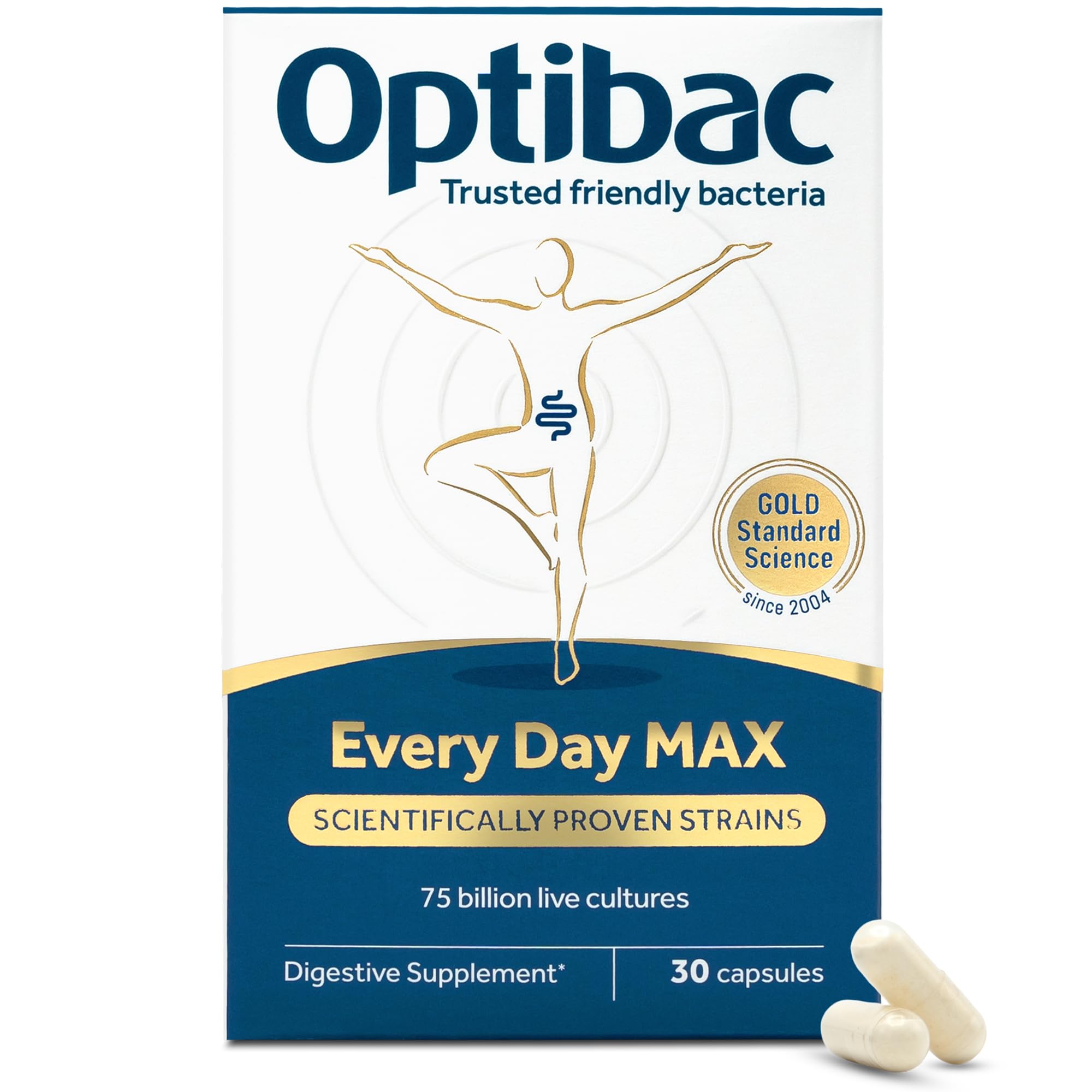 Optibac Probiotics Every Day MAX - Premium Vegan Digestive Probiotic Supplement with 75 Billion Bacterial Cultures - Most Researched Lactobacillus Acidophilus - 30 Capsules