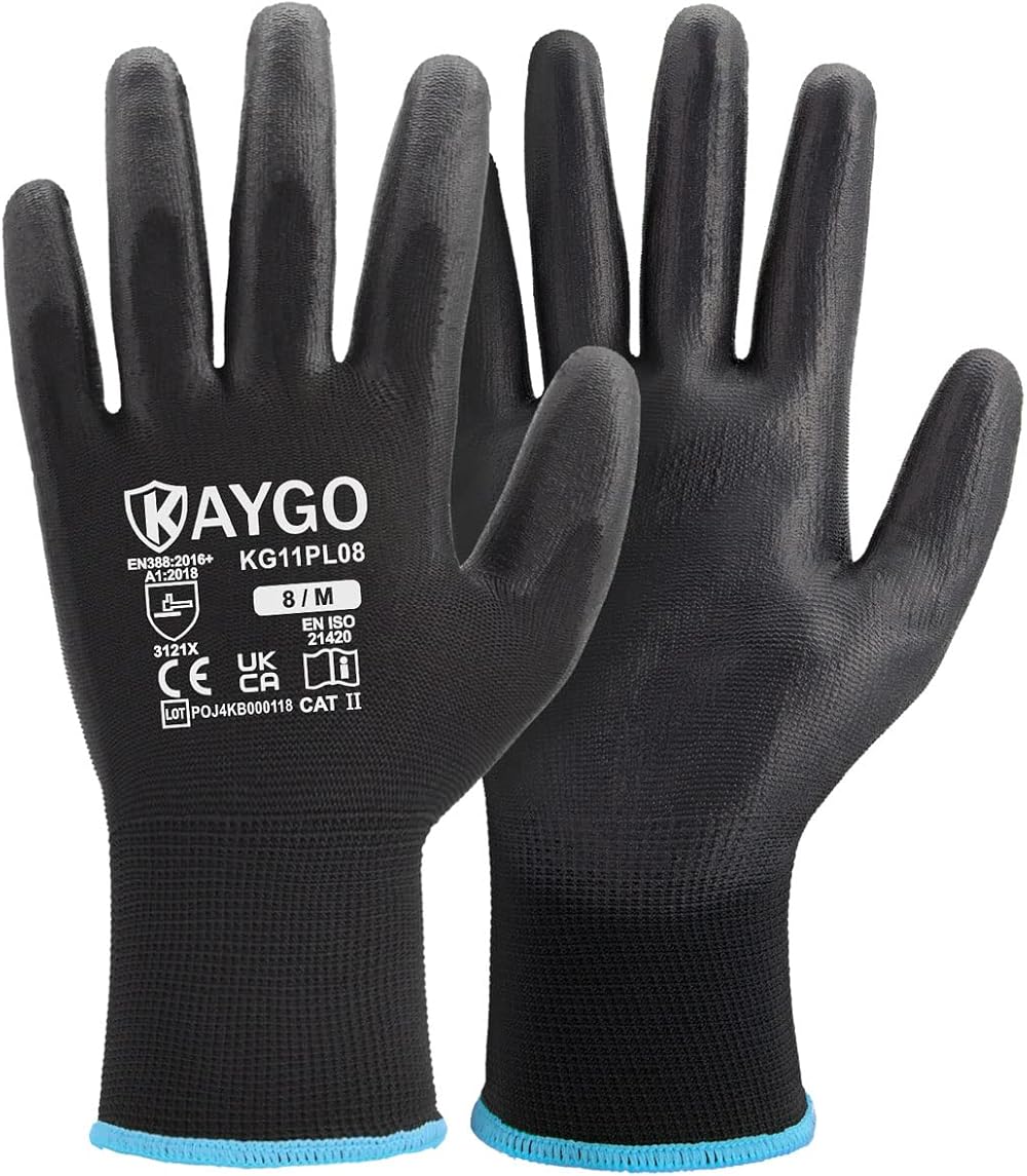 KAYGO PU Coated Work Gloves 12 Pairs KG11PB Medium Black