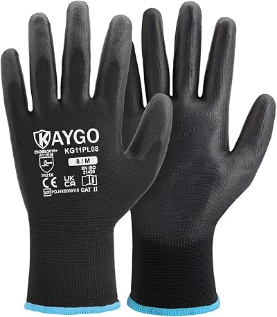 KAYGO PU Coated Work Gloves 12 Pairs KG11PB Medium Black