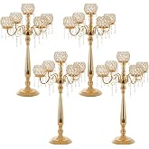 4 Packs 5 Arms Crystal Candelabra Wedding Centerpiece,Gold | 29.1 inches Tall Floor Candle Holder Set with Chandelier for Anniversary Dinner Party Table Decor candelabros de mesa