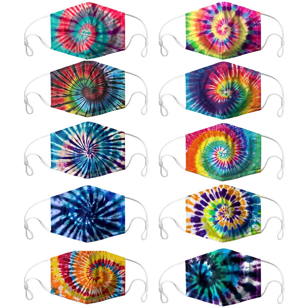 Caiyle [US Stock] 10 Packs Tie Dye Cute Design Women Girls Face_Mask_Protect_Cover Washable Reusable With Nose Wire，Adjustable Earloops，Filters Pocket Insert