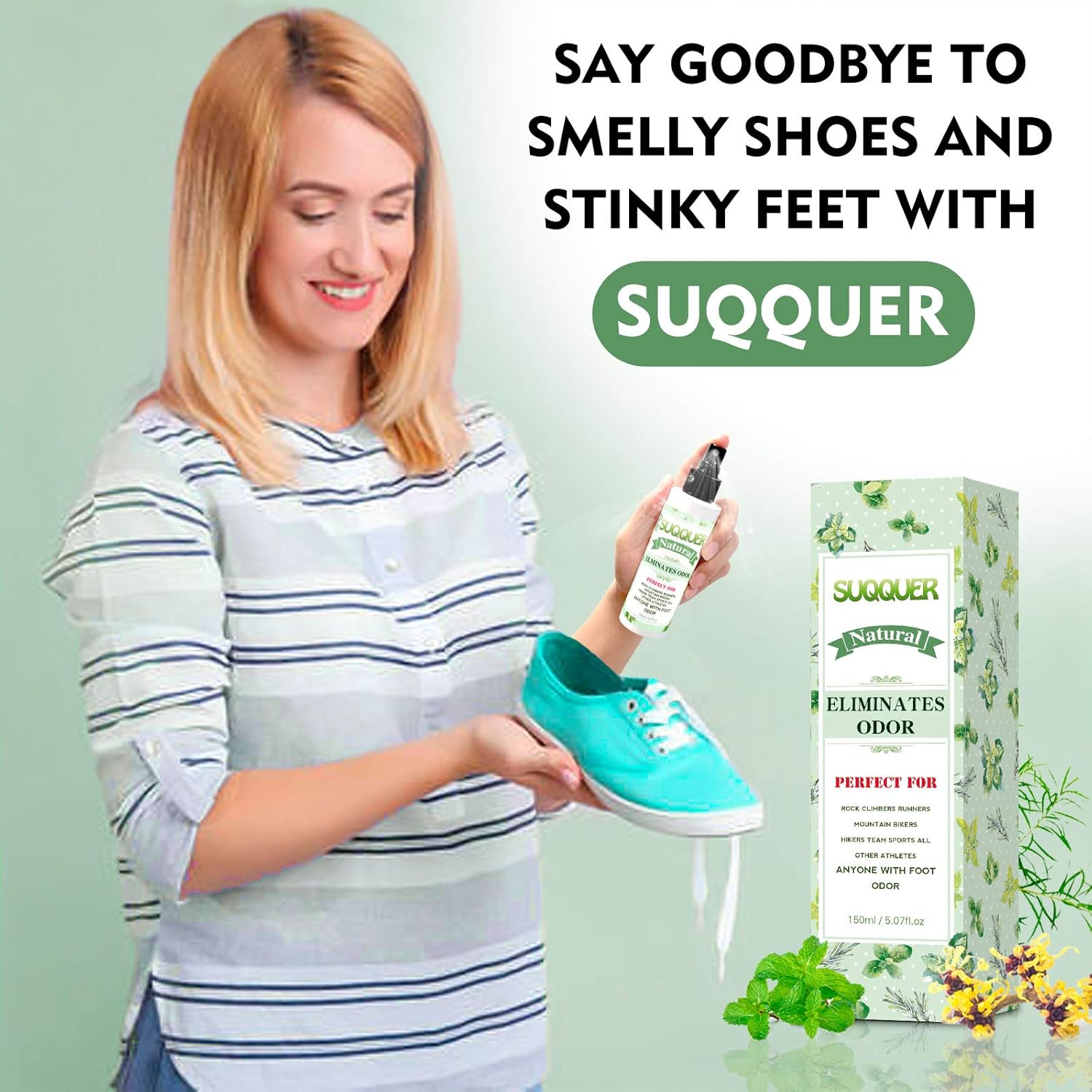 Natural Shoe Deodorizer Spray, SUQQUER 150ML Extra Strength Foot Odor Eliminator for Shoes-Witch Hazel, Peppermint, Tea Tree Essential Oils 150ML /5.07FL.OZ : Beauty