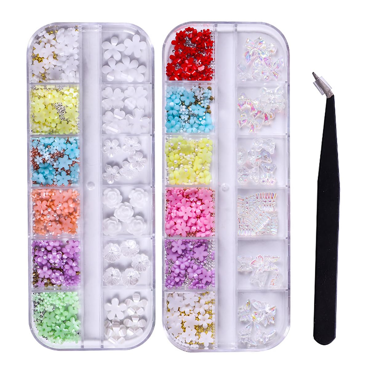 3D Flower Nail Charms,2Boxes 24Grids Floral Aurora Bear Bow Butterfly Nail Gems with Gold Silver Nail Beads Pearls Rhinestones and Tweezer,Nail Art Decorations for Nail Art Design DIY Crafting Party — image 1