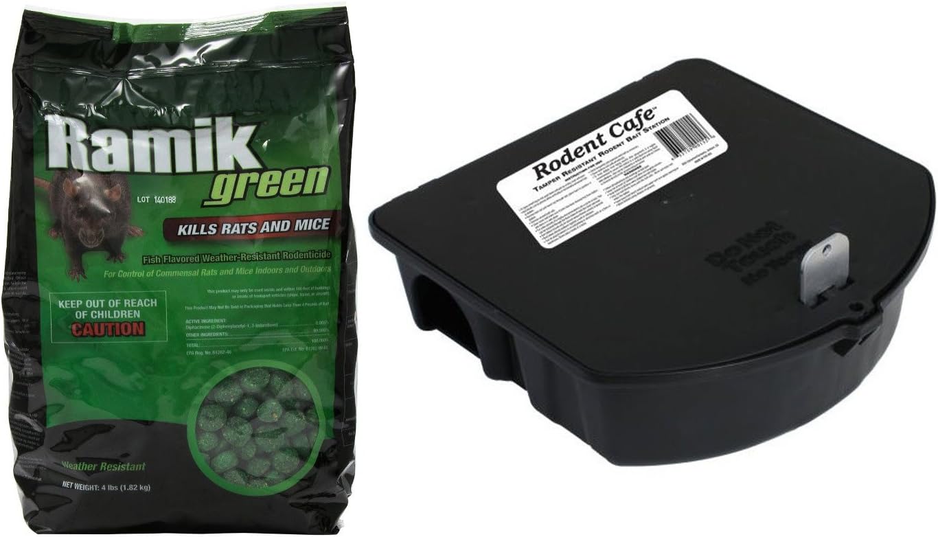 NEOGEN RODENTICIDE Ramik Mouse and Rat Nuggets Pouch, 4-Pound, Green (4 Pound w/ Bait Station)
