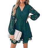 CUPSHE Women Elegant V Neck Lace Peasant Sleeve Mini Summer Dress Elastic High Waist A Line Casual Wedding Guest Dress