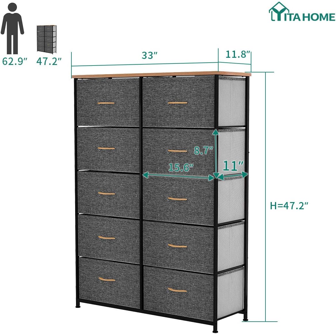 YITAHOME 10 Drawer Dresser - Fabric Storage Tower, Organizer Unit for Bedroom, Living Room, Hallway, Closets & Nursery - Sturdy Steel Frame, Wooden Top & Easy Pull Fabric Bins (Dark Gray) : Home Improvement