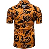 fohemr Mens Halloween Shirt Ugly Pumpkin Print Casual Short Sleeve Button Up Shirts Hawaiian Adult Party Costume