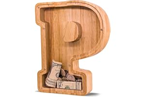 JOOMLAFLY Wooden Letter Piggy Bank for Kids Larger Alphabet Letter Bank for Boys Initial Coin Bank Personalized Piggy Bank Wood Money Save Box for Birthday and Festival-Upgrade 9" P Piggy Bank