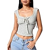 winkbay Women's Floral Crop Top Cute Tie Front Scoop Neck Knit Going Out T Shirts