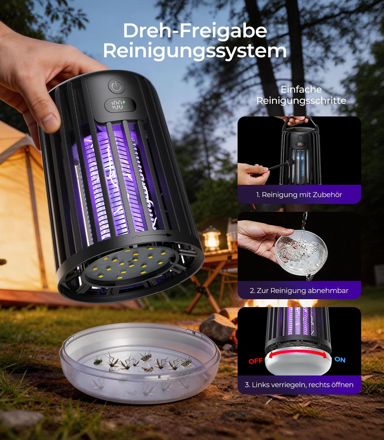 2026 Neu Upgraded Solar Insektenvernichter Elektrisch【DE-Lab #1 Dual-Wave】 Elektrische Fliegenfalle Elektrisch 【30% weniger Knall, sanfter】 Mückenlampe mit Akku für Haus, Garten, Camping etc 7