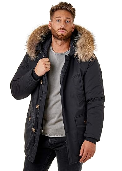 EightyFive EF1840 Herren Parka Winter-Jacke Echtfell Schwarz Navy KhakiHellgrau