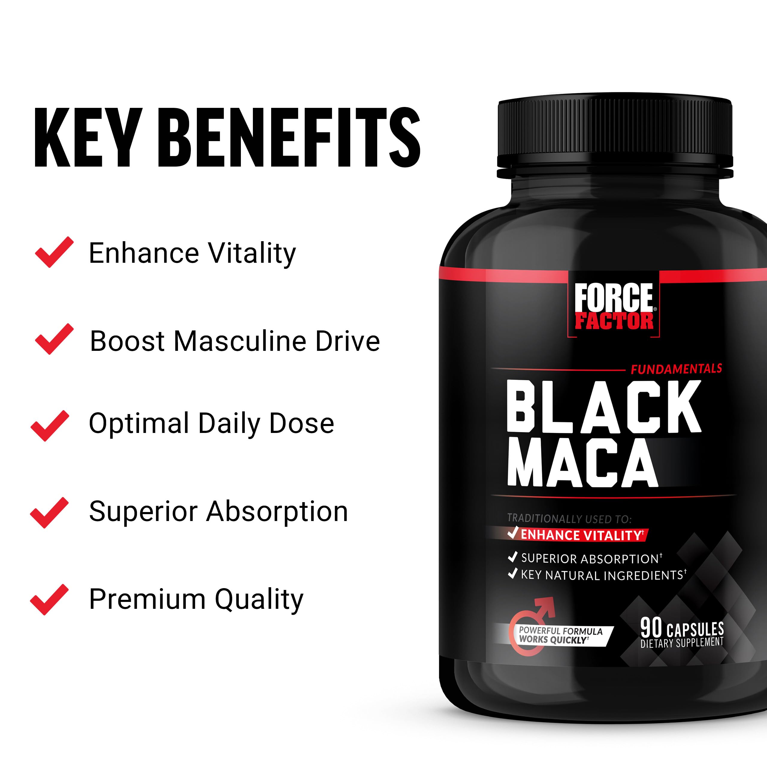 Force Factor Black Maca Root Supplement for Men, 1000mg Maca Negra Extract for Energy, Hormonal Balance & Vitality, Superior Absorption with BioPerine, 90 Capsules