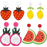 4 Pairs of Acrylic Fruits Earrings Set for Women, Pink Red Cute Strawberry Drop Dangle Earrings, Lightweight Hypoallergenic Spring Summer Fashion Jewelry Gift (2 Set)