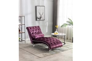 KINFFICT Velvet Chaise Lounge Chair with Toss Pillow, Modern Tufted Button Lounge Chair with Acrylic Legs, Upholstered Indoor Sleeper Chair for Living Room, Bedroom, Purple