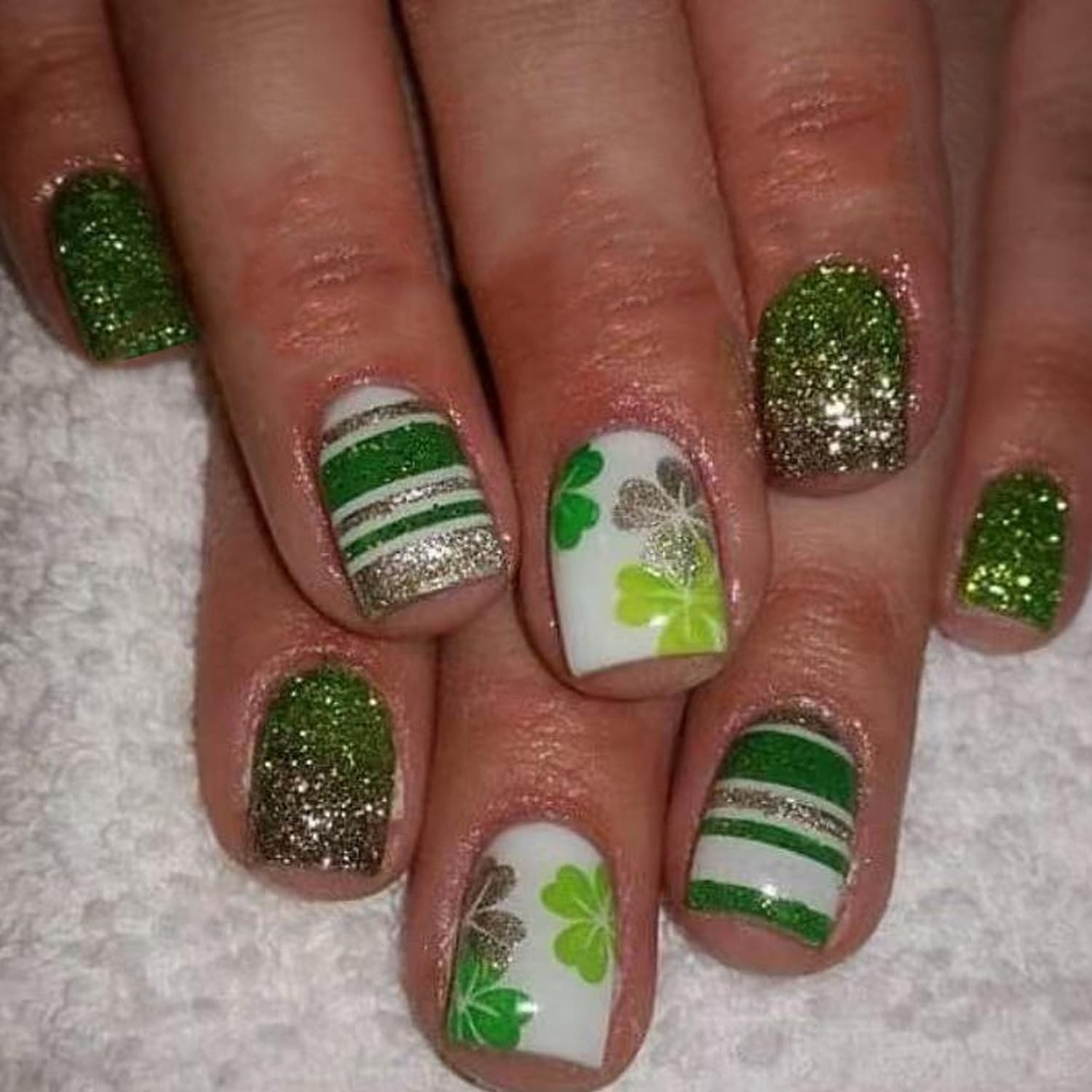 Photo 1 of 24 Pcs St.Patrick’s Day Press on Nails Short Square Shaped Fake Nails Glitter Green Shamrock Stripe Designs Sparkly False Nails Full Cover Acrylic Nails for Women Saint Patrick’s Day Nail Art DIY