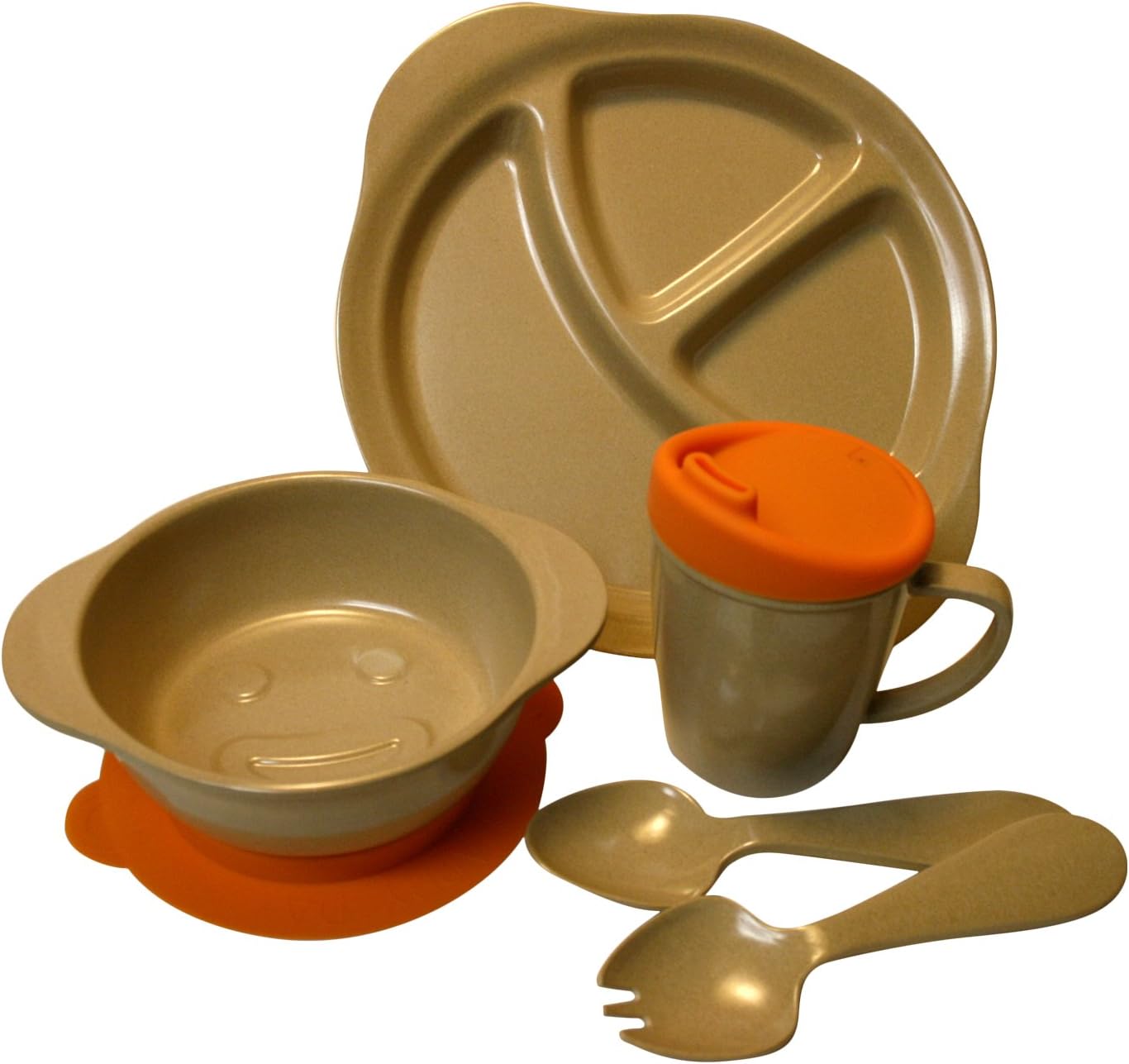 Eco Friendly Childs Complete 7 Piece Dinnerware Set with Orange Silicone Base and Sippy Cup Lid