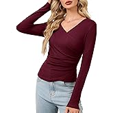 Meetjen Women's Long Sleeve Tops Slim Fitted V Neck Wrap Ruched Going Out Top 2025 Casual Tee Shirt Trendy Fall Blouse