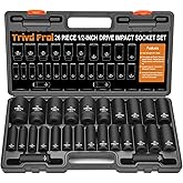 Metric Impact Socket Set 1/2" Drive - Trivd Frol 26 Piece Deep Impact Socket Set 1/2" Drive, Metric Socket Set 10mm to 36mm Large Socket Set, Impact Driver Socket Set, Cr-V Steel, Double Lock Case
