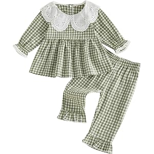 Thorn Tree Girls Fall Outfits Long Sleeve Button Up Shirt Tops Plaid Linen Pants Toddler Girl Clothes Gingham Outfit