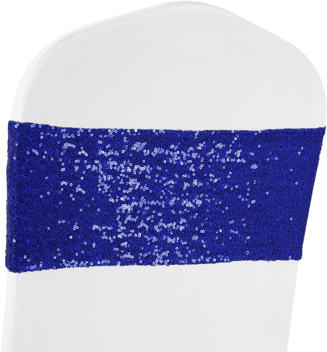 ANMINY Pack of 10 Sequin Chair Sashes Decorative All Around Sequins Stretch Sash Band for Chair Cover Romantic Wedding Party Festival Home Decor Ceremony Banquet Hotel Event Reception, Royal Blue: Kitchen & Dining