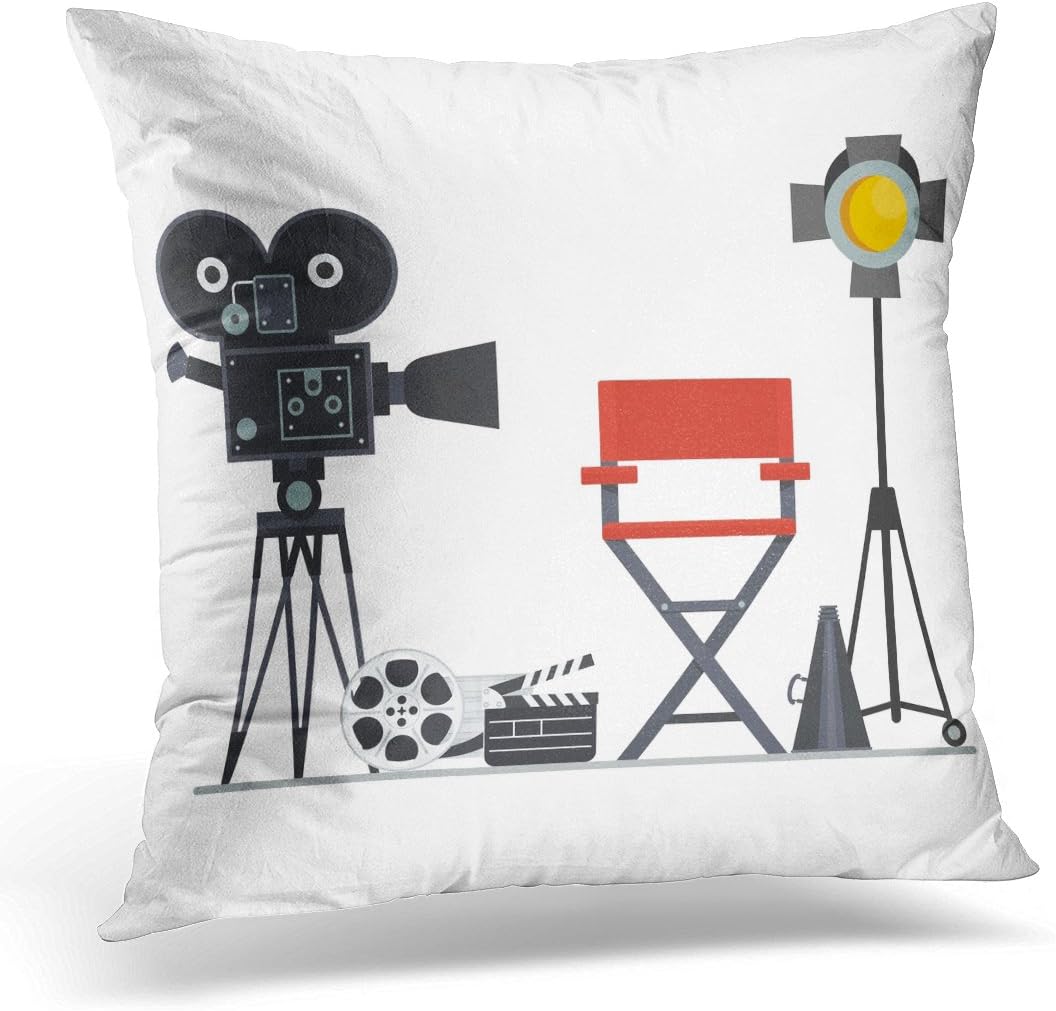 Sdamase Throw Pillow Cover Film Directors Chair with Megaphone Projector Camera and Clapboard Work on The of Flat Cartoon Objects Decorative Pillow Case Home Decor Square 18" x 18" Pillowcase