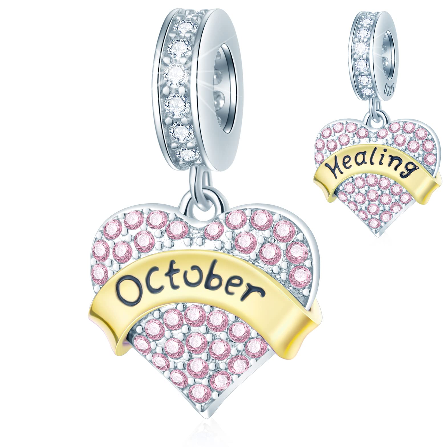 October Birthstone is Healing Heart Charms, fits Pandora Vanlentines Birthday Bracelet, Pink Birth Stones Pendant 925 Sterling Silver Beads, Gift for Daughter/Anniversary/Bride