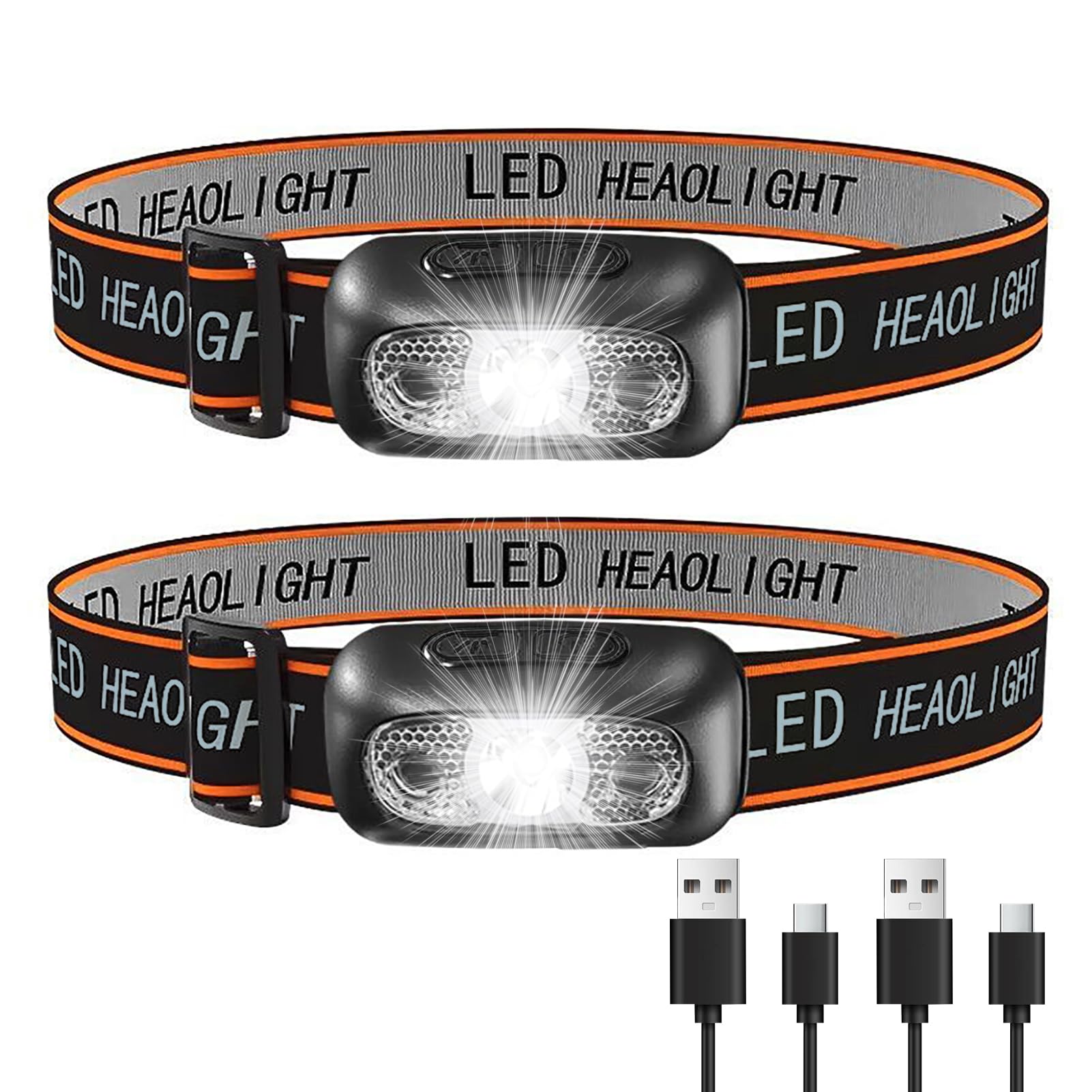 2 Pack Head Torch Rechargeable, Lightweight Super Bright Led Headlamp Waterproof Headlight with Sensor Control 2 Light Modes Adjustable Angle Headband for Camping Hiking Running Fishing Cycling