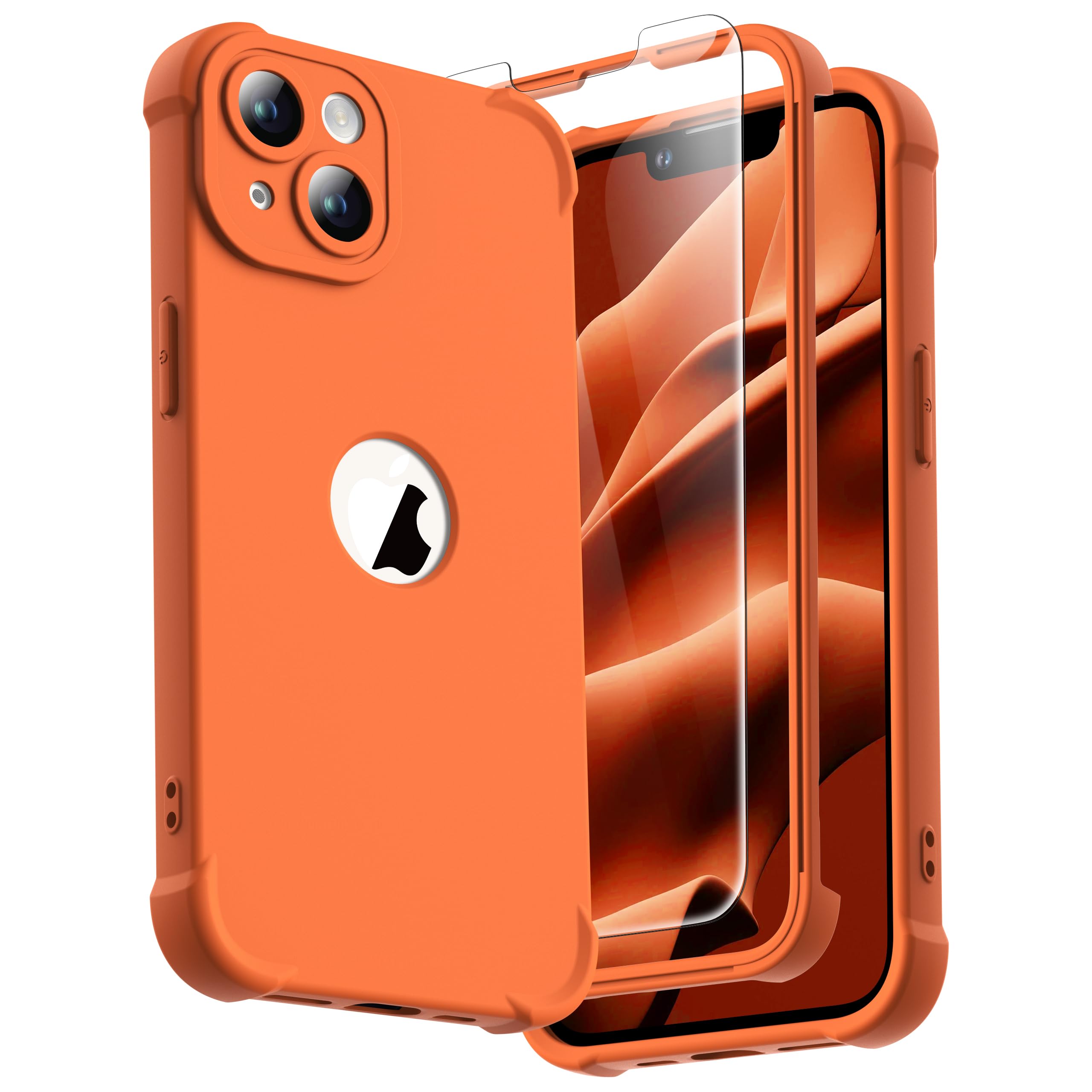 ORETECH Silicone Case for iPhone 14 Plus Case, with [2 x Tempered Glass Screen Protector] [Camera Protection] [Military Grade Protective] 360 Shockproof Thin Slim Fit Rubber Bumper Cover - Orange — image 1
