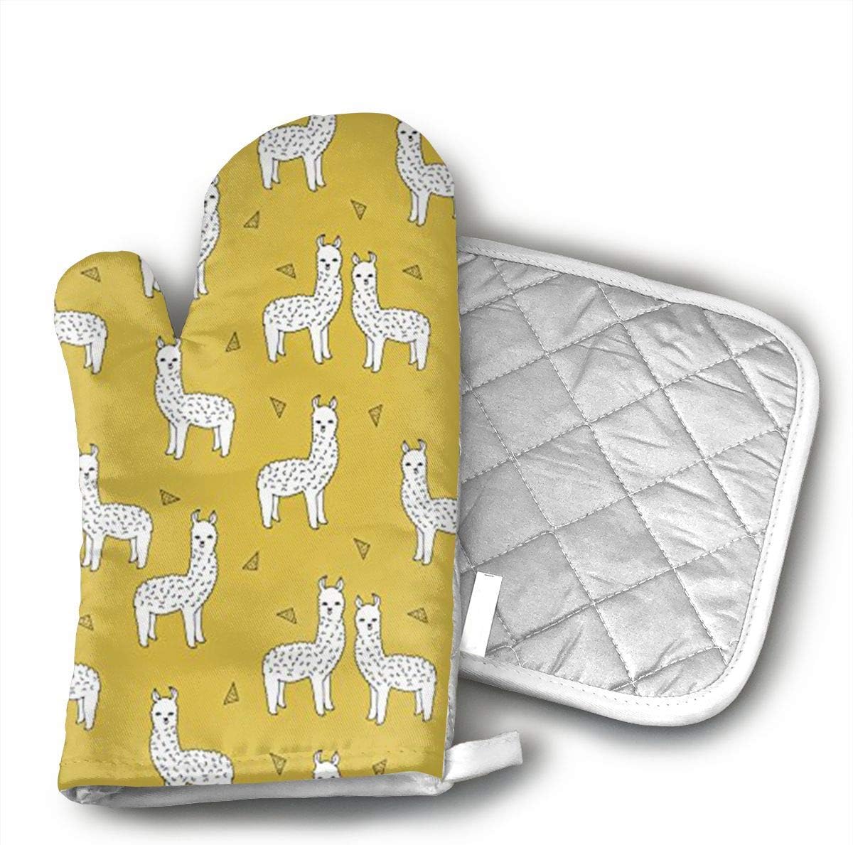 GUYDHL Unisex Oven Mitt and Pot Holder for Mustard Yellow Cute Llama - 2 Pair