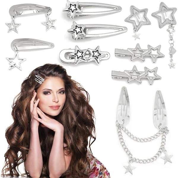 Barrettes à Cheveux Y2K Argentées - Motif étoile Kawaii - Lot De 10 - Style Rétro Punk - 3
