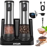 Electric Salt and Pepper Grinder Set, Battery Display Rechargeable Base | Upgraded 2-Speed Setting, External 5 Adjustable Coarseness Stainless Steel Automatic Salt &amp; Pepper Shakers Mill with LED