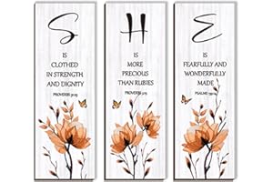 DONFENTHY 3 Pieces Orange Bedroom Decor Orange Floral Bathroom Decor Wooden Hanging Wall Art Christian Quotes SHE Word Sign Gift for Women Bedroom Living Room Office (12x4 Inch)