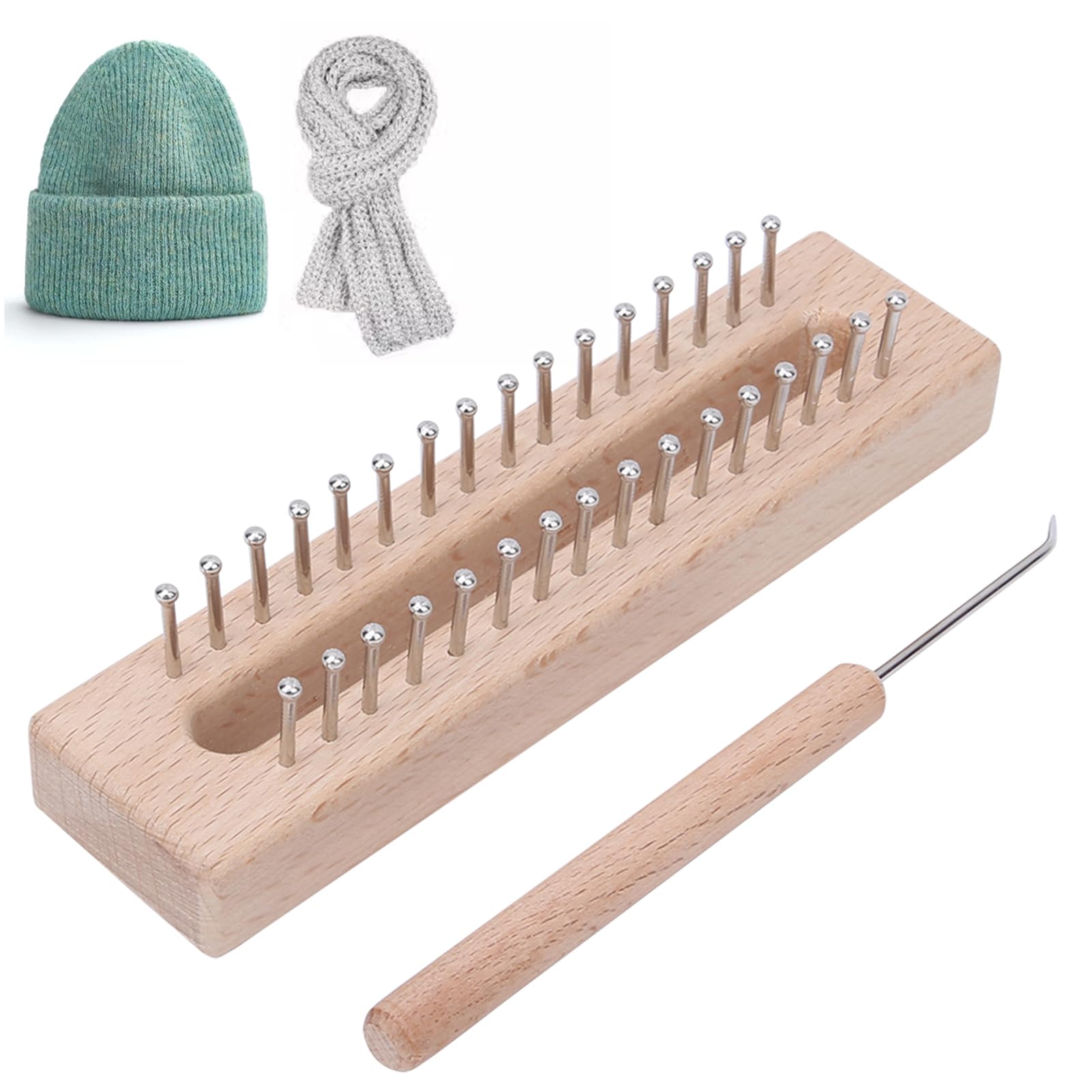 cyrank Knitting Loom Set, Rectangular Knitting Board 32 Pegs with Crochet Wooden Weaving Looms for Kids Beginner, Making for Scarf, Sweater, Shawl, Hat
