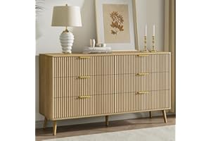 BAZELOR 55" Wide Fluted Dresser for Bedroom with 6 Drawer, Modern Chest of Drawers with Curved Profile Design and Metal Handl