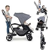 INFANS Sit and Stand Double Stroller, Foldable Tandem with Standing Platform Reclining Backrest, Adjustable Handlebar and Foo