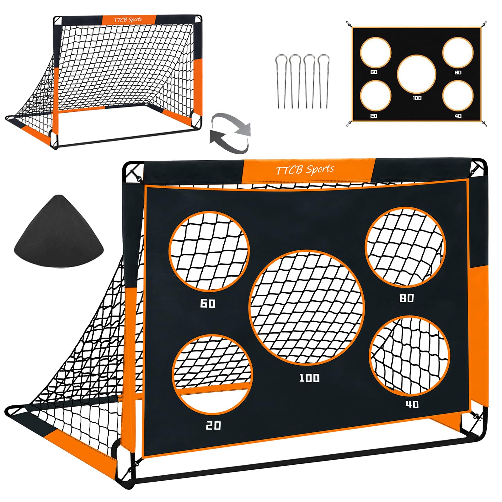 TTCB Sports 2 in 1 Football Goal, 120X90X90cm Football Goals for Kids, Soccer Training Net with 5 Target Ranges, Foldable Target Training Equipment for Garden, Park, Backyard(Orange)