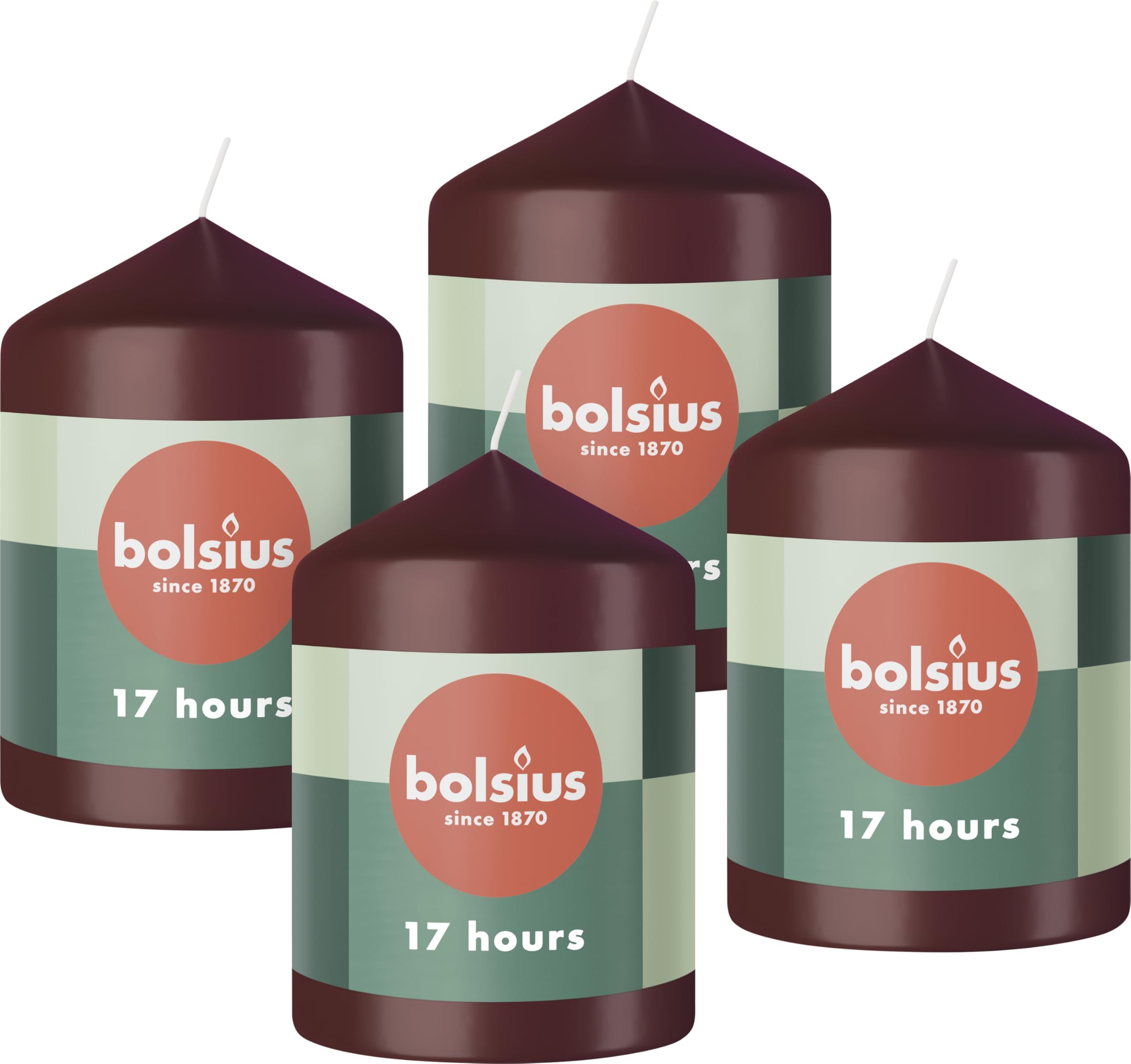 Bolsius Pillar Candles - Dark Red - 4-Pack - 8 x 6 cm - Decorative Household Candles - Long Burning Time of 17 Hours - Unscented - Includes Natural Vegan Wax - Without Palm Oil