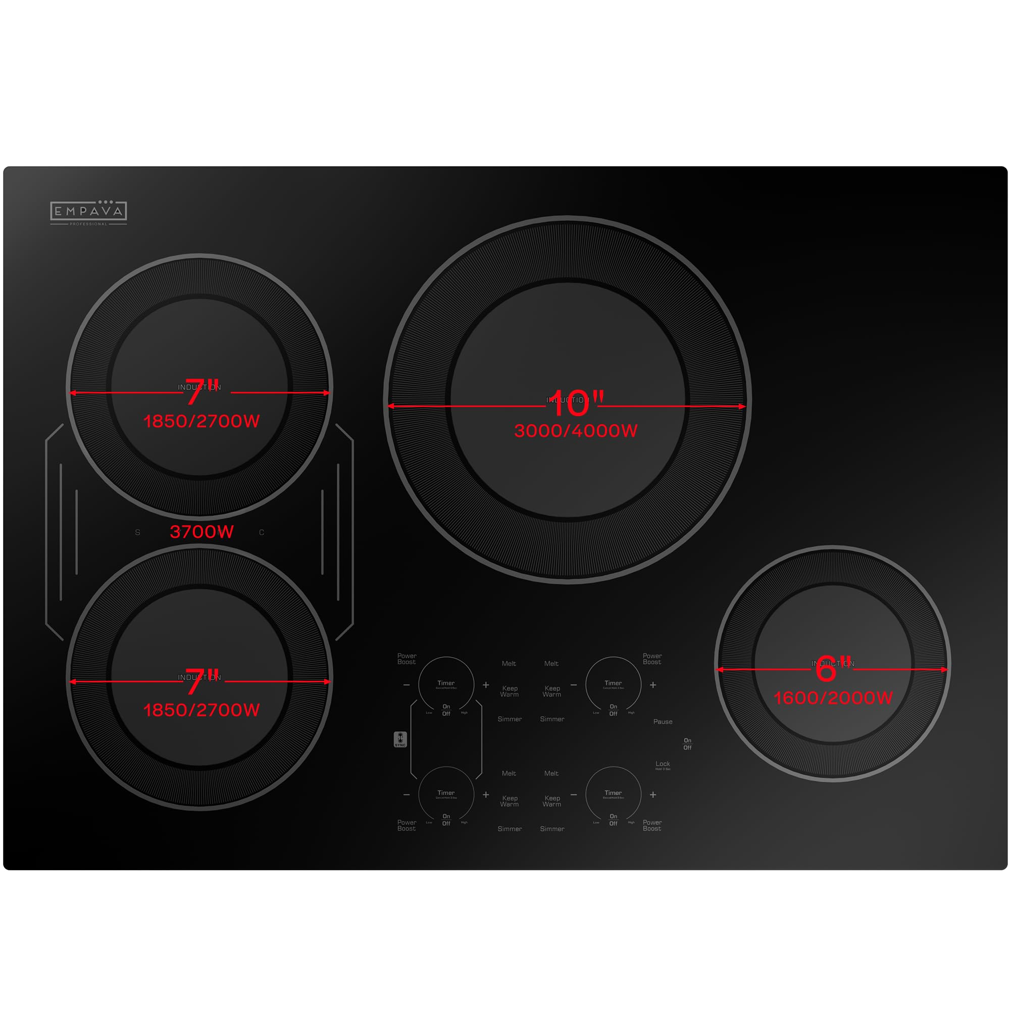Empava 30 Inch Built-in Induction Cooktop 4 Burner, Bridge-SYNC, Auto RapidHeat 3 Preset Modes, Pan Sensor, Hardwired 208~240V, 40A, Black Vitro Ceramic Glass