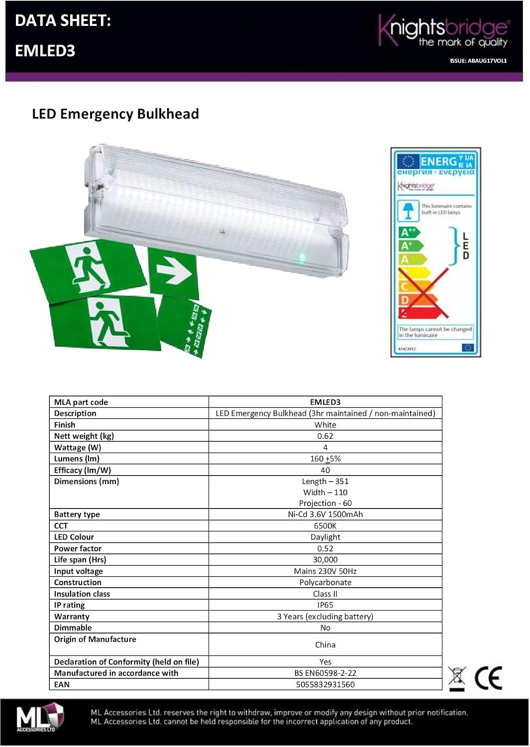 Knightsbridge Emergency Exit Bulkhead with Battery Backup, Polycarbonate, 3 W, White - Image 5