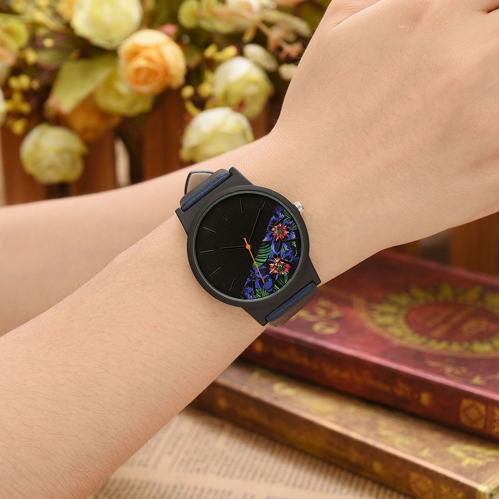 JSDDE Montre Femme Montre Fleur Style Basel Montre Noir Bracelet PU Cuir