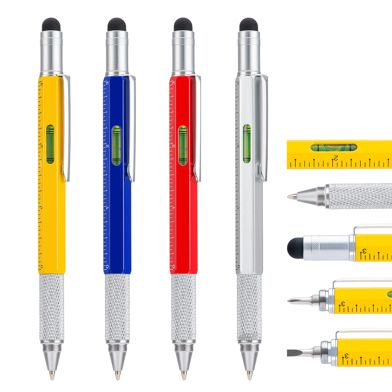 4 Pack Multitool Pen Extra Refills Set, 6 in 1 Multitool Pen with Ruler & Levelgauge, Multifunctional Metal Ballpoint Pen Gift (Assorted Colors)
