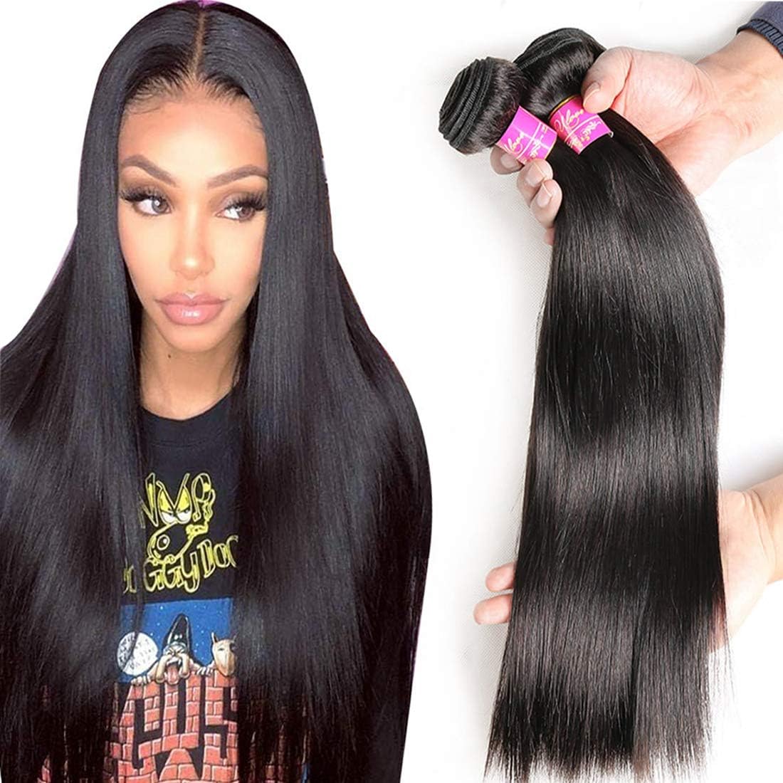 Brazilian Straight Hair With Closure 3 Bundles Unprocessed Virgin Human Hair Bundles With Lace Closure Free Part Hair Extensions Natural Color (22 24 26+20",Three Part)