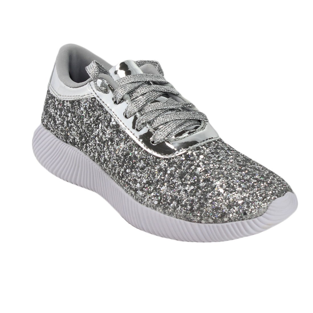 FOREVER FP13 Women's Sparkling Glitter Lace Up Fashion Street Sneakers, Color:Silver, Size:6