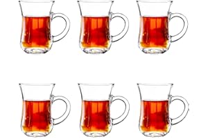 binsakao Turkish Tea Glasses With Handle - 6 pcs Tea Cups, Slim Waist Thick Sole Tea Glasses for Hold Cold Drinks, 5.2 oz / 1